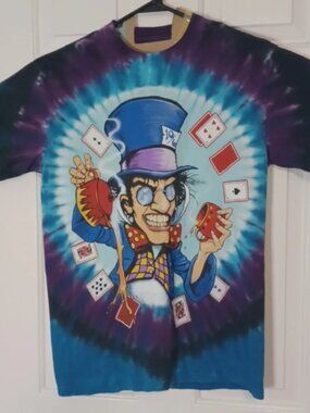 Mad Hatter Cheshire Cat 2 Side Tie Dye Shirt M Alice Wonderland Liquid Blue
